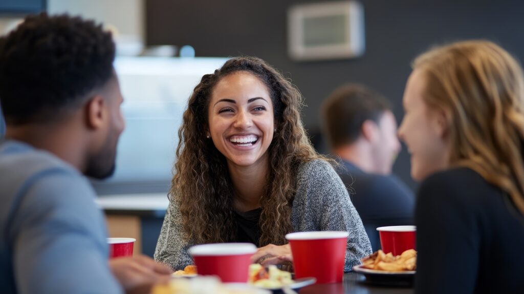 Coworkers chatting in an article on how to make small talk by Caroline Maguire.